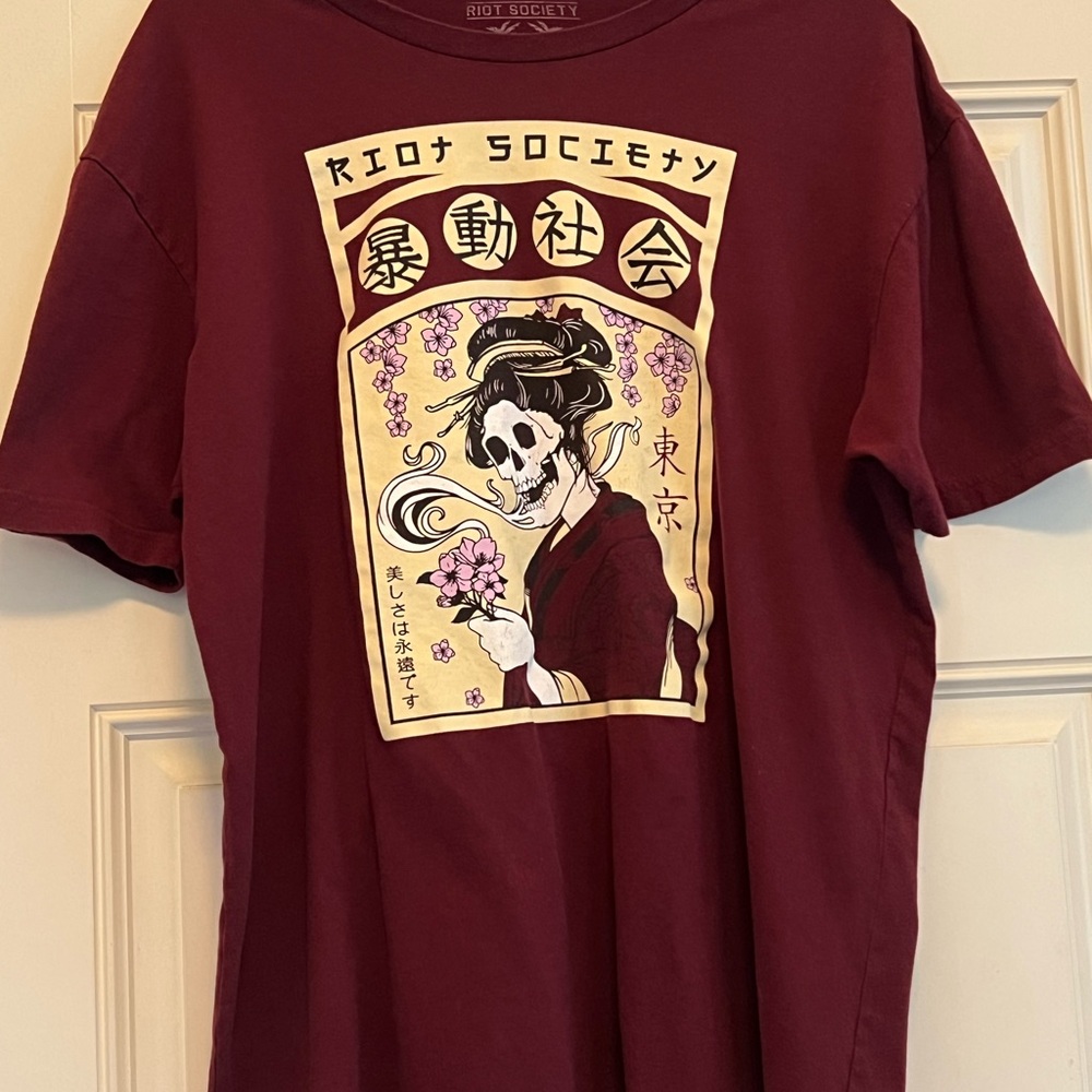 Riot Society Skeleton Geisha T-Shirt XL Maroon Tokyo Graphic Tee